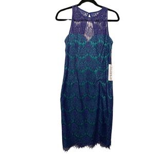 NWT GORGEOUS Jay Godfrey Blue and Green Lace Overlay Midi Cocktail Dress Size 8